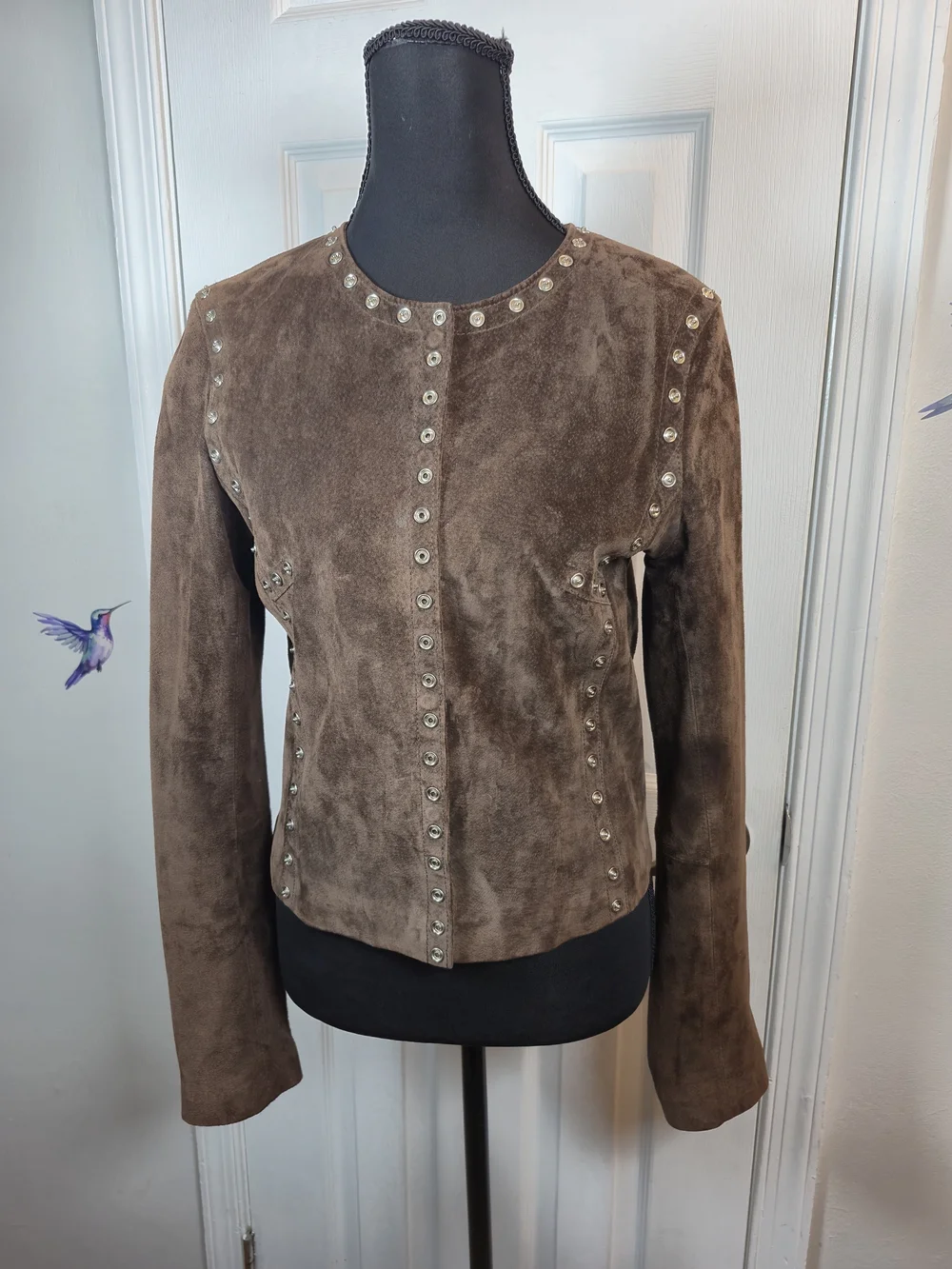 CACHÉ Vintage Genuine Suede Studded Moto Jacket Brown Leather Small Boho Western - Picture 2 of 6